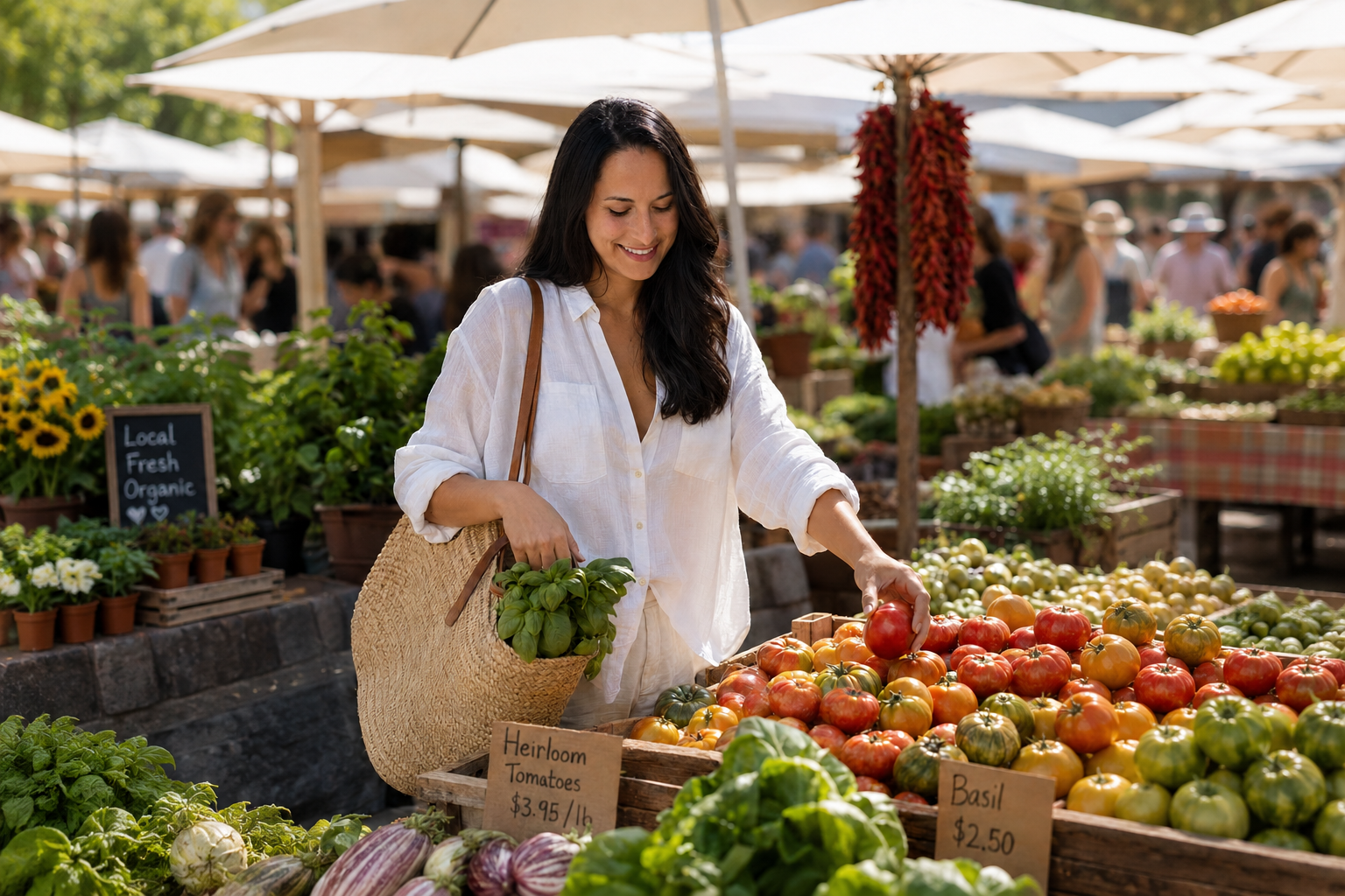 Woman shopping for fresh produce at a farmers market